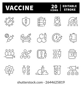 Vaccine vector icons. Thin line vector icons related to vaccination and medicine. Medical Syringe, Quality Certificate, healthcare, medication
