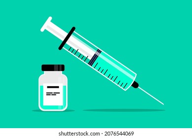 Vaccine vector illustration - Syringe and vial ready to be injected on green background