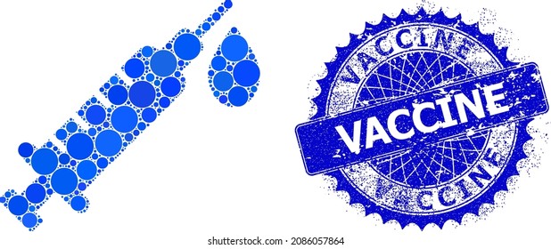 Vaccine vector mosaic of round dots in various sizes and blue color hues, and grunge Vaccine stamp. Blue round sharp rosette badge contains Vaccine text inside it.