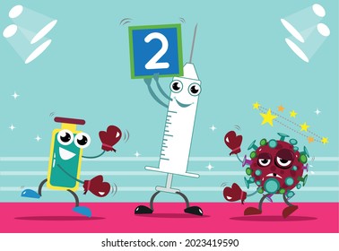 Vaccine Versus Virus Round 2 Boxing Concept. Editable Clip Art.