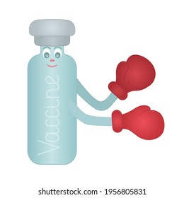 Vaccine in a vial. The glass bottle with the medicine is closed with a stopper. Fighting the virus. Colored vector illustration. Vaccine in boxing gloves. Immunization of humanity. Flat style. 