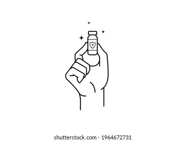 Vaccine vial in hand. Vector Line art illustration of new vaccine held by a person. Vaccination concept.