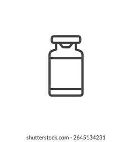 Ícone da linha do frasco para injetáveis da vacina. Ícone vetorial de contorno de um frasco de medicamento usado em imunização e tratamentos médicos. Ícone de símbolo simples para saúde e prevenção. Design de vetor linear.