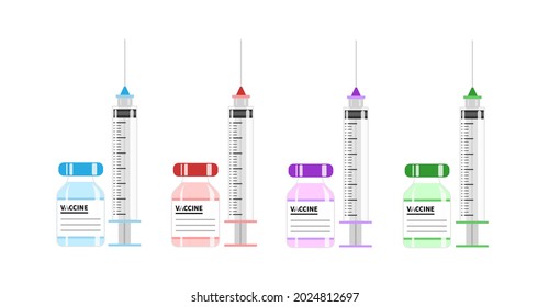 Vaccine vial multicolor 4 vaccine type with blue red purple and green with empty syringe 