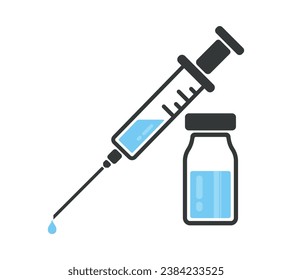 Durchstechflasche mit Impfstoff und Spritze. Eine mit Impfstoff gefüllte Spritze oder der Inhalt im Inneren. Durchstechflasche mit Impfstoff und Spritze. SpritzenVektorsymbol einzeln auf weißem Hintergrund