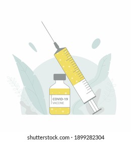 Vaccine vial and syringe. Rear background with leaves. The color of the year, the hope of a normal life. Stay Healthy and Get Vaccinated. Get Flu Vaccine