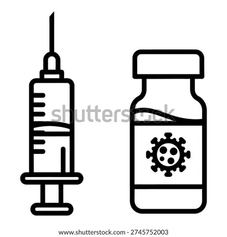 Vaccine vial and syringe vector line icon for medical immunization and virus prevention