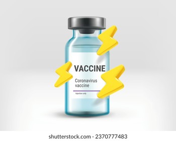 Vaccine vial with thunderbolts. 3d vector illustration
