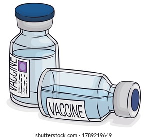 Vaccine vials in glass bottles with stickers, one down and the another with a VVM monitor label isolated over white background.