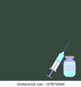 Vaccine vials and syringes coronavirus in the green background