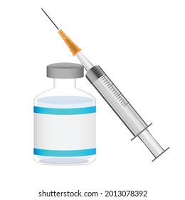 Vaccine vials and syringes are placed side by side. on isolated white background.