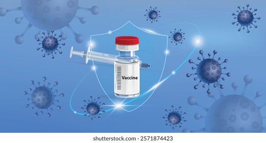 Vaccine for virus protection vector. Vaccine bottle and syringe injection for immunization treatment in Blue background. Vector illustration.