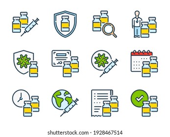 Vaccine, Virus treatment and Clinic vaccination related vector color line icons. Syringe, Vaccine dose and Anti virus injection colorful outline icon set.