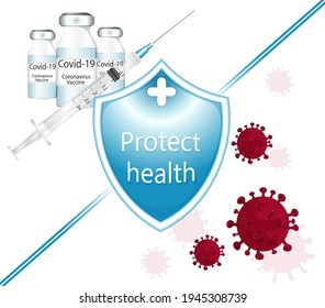 Vaccine vs covid 19. Viral Coronavirus vaccine bottle vector illustration. Virus corona and a syringe vector. Shield of health