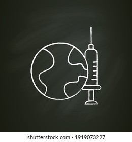 Vaccine for world chalk icon. Health care, worldwide vaccination. Cure search, vaccine development. Stop coronavirus pandemic. Fight against Covid19 disease. Isolated vector illustration on chalkboard