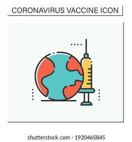  Vaccine for world color icon. Health care, worldwide vaccination. Cure search, vaccine development. Stop coronavirus pandemic. Fight against Covid19 disease. Isolated vector illustration