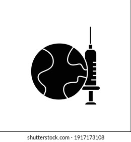 Vaccine for world glyph icon. Health care, worldwide vaccination. Cure search, vaccine development. Stop coronavirus pandemic.Covid19 disease. Filled flat sign. Isolated silhouette vector illustration