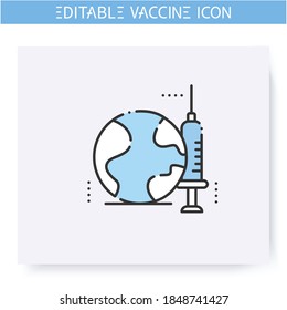 Vaccine for world line icon.Health care, worldwide vaccination.Cure search, vaccine development. Stop coronavirus pandemic. Fight against Covid19 disease.Isolated vector illustration. Editable stroke 