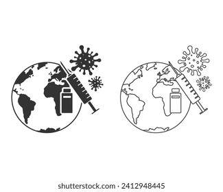 Vaccine worldwide line icon set, global coronavirus immunization, concept health on earth planet, syringe with injection dose, editable stroke vector illustration