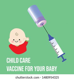 Vaccine for your baby banner with syringe  and vaccine and a baby illustration