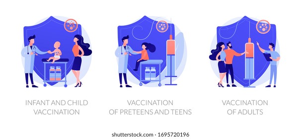 Vaccine-preventable diseases abstract concept vector illustration set. Infant and child vaccination, vaccination of preteens, teens and adults, immunization schedule, side effects abstract metaphor.