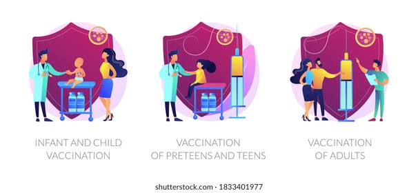 Vaccine-preventable diseases abstract concept vector illustration set. Infant and child vaccination, vaccination of preteens, teens and adults, immunization schedule, side effects abstract metaphor.