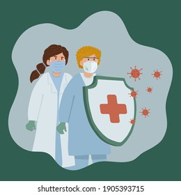 Vaccines against the virus. The concept of Doctors fighting the virus. Vaccination of people against 2019-ncov. Antibodies against the corona. Vector illustration