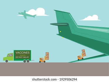 Vaccines being transported via air cargo plane to stop the pandemic. Editable Clip Art. 