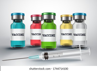 Vaccines bottle vector design. Vaccination medicine and syringe vaccine injection for covid-19 corona virus antiviral immunization treatment. Vector illustration.
