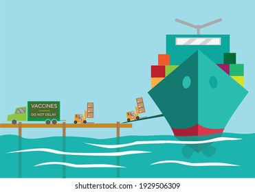 Vaccines in boxes being transported via cargo ship or barge to deliver and stop the pandemic crisis.. Editable Clip Art.
