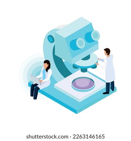 Vaccines development composition with conceptual isometric icons people and lab equipment vector illustration