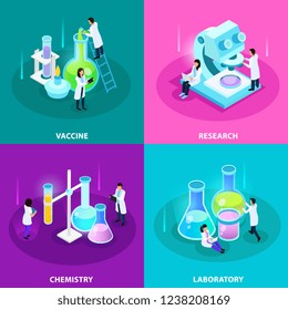 Vaccines development isometric design concept with laboratory research chemistry equipment and experiments isolated vector illustration