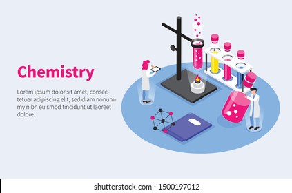 Vaccines development isometric horizontal composition with test tubes human characters and laboratory burner with editable text vector illustration