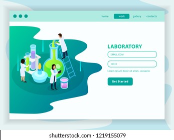 Vaccines development isometric web landing page with menu user account and icon of chemistry laboratory vector illustration