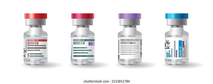 Vaccines from different countries against the coronavirus COVID-19. Flat vector illustration of recognized vaccine vials. Treatment of coronavirus covid-19. Vaccination against virus, infection.