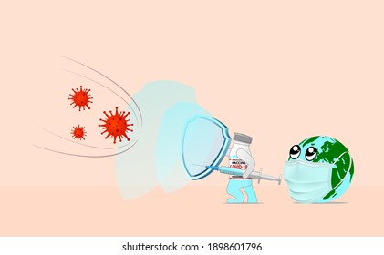 Impfstoffe sind wie Helden, die dazu beitragen, dass der Coronavirus oder COVID-19 die ganze Welt schädigen. Cartoon-Geschichte für Vektorgrafik