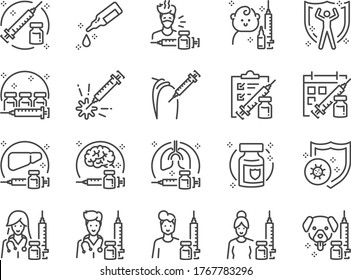 Vaccines line icon set. Included the icons as vaccination, vaccinator, doctor, patients, COVID-19, syringe and more.