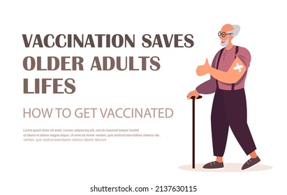 Vaccines for Older Adults Landing Page Template.Senior Pensioner Man Health Care,Vaccinated Old Male Character Show with Patch on Shoulder.Elderly Immunization,Vaccination. People Vector Illustration