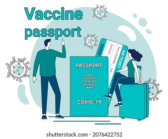 Vaccines passport and tourism.People on the background of vaccines have a passport and an air ticket, are preparing for a trip.A call for safety and taking care of your health.Flat vector illustration