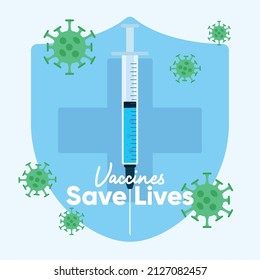 Vaccines save lives poster medical shield with syringe Vector