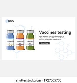 Vaccines testing landing page template. Pharmaceutical laboratory research and vaccines development. Tree different vaccine bottles. Covid-19 coronavirus vaccination. Pop art style vector illustration