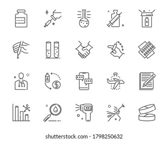 Vacunas conjunto de iconos de línea delgada y cosas relacionadas, vector eps10, 64x64 Icono perfecto de píxeles, icono editable para diseño web y aplicación en blanco aislado 