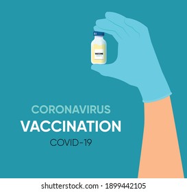 Vacctination banner. Doctor`s hand holding medicine bottle with vaccine for coronavirus. Virus protection concept. Vector illustration. Sars or Covid-19 vaccination with vaccine bottle