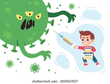 Vacctination of children concept. Vaccinated boy with syringe as sword and bottle of vaccine as shield is fighting with coronavirus monster. Vector illustration in flat style.