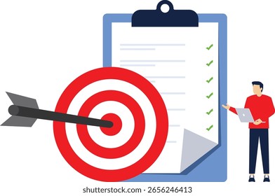 Vachievement concepto. lista de objetivos o acciones futuras en la pantalla del dispositivo. flecha a la derecha en el objetivo y el calendario cerca del teléfono inteligente. Ilustración vectorial plana en el fondo.

