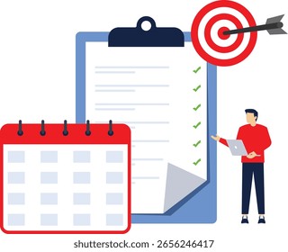 Vachievement concepto. lista de objetivos o acciones futuras en la pantalla del dispositivo. flecha a la derecha en el objetivo y el calendario cerca del teléfono inteligente. Ilustración vectorial plana en el fondo.

