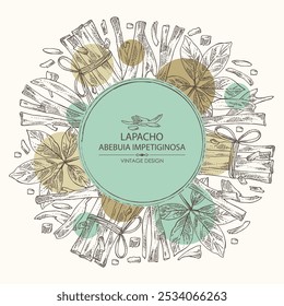 Vackground with  tabebuia impetiginosa: wood,  leaves and tabebuia impetiginosa   bark. Lapacho tea. Vector hand drawn illustration.