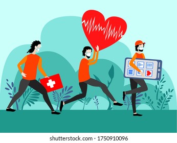 Vactor art about health care. Rescue team of medic specialists run to save lifes with help of mobile technology at the times of coronavirus.