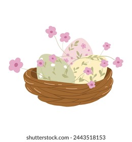 Vactor Easter nest full of eggs and flowers. Floral ornament. Cartoon hand drawn style. Isolated holiday design vector element. 