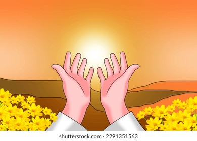 Der Handschauspieler betet mit hellen und hügeligen Hintergrund und gelber Blume, Gebetshintergrund.